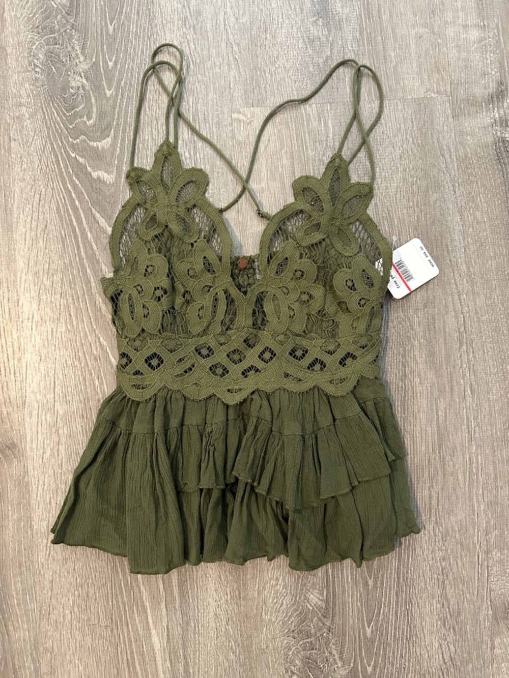 Free People XS Adela NWT Cami Olive Lace Ruffle Women’s Casual Boho Summer Top